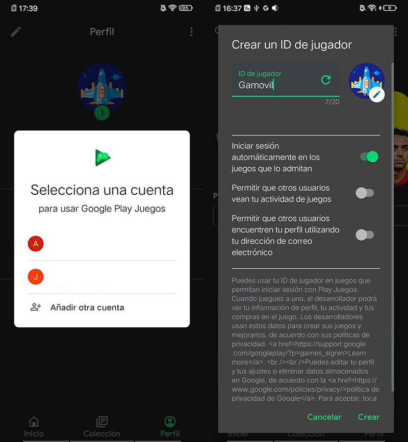 Capturas de pantalla del proceso de creación de un ID de jugador en Google Play Juegos