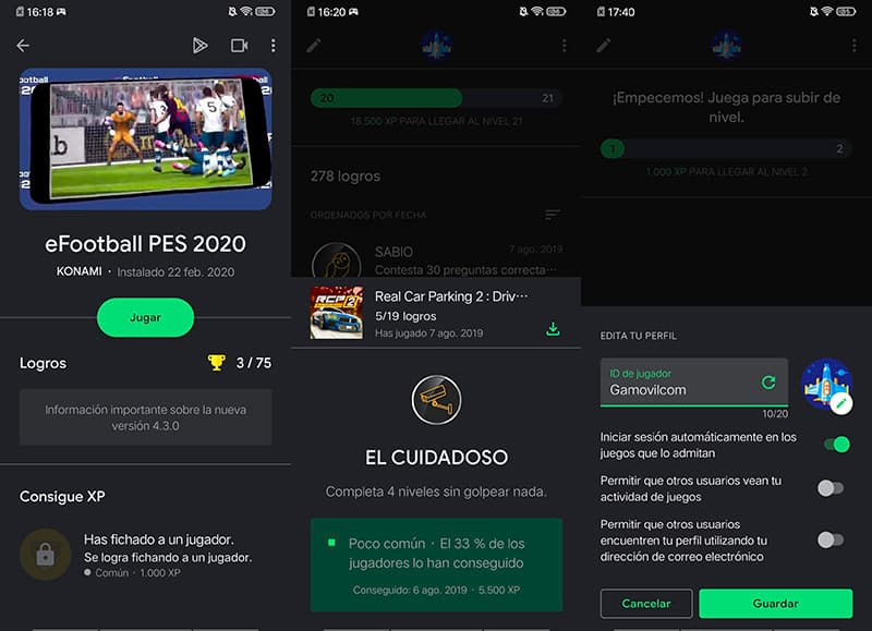 Capturas de pantalla de logros y cambio de ID de jugador en la app de Google Play Juegos