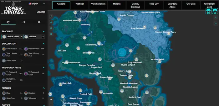 La interfaz de este mapa interactivo de Tower of Fantasy luce impresionante