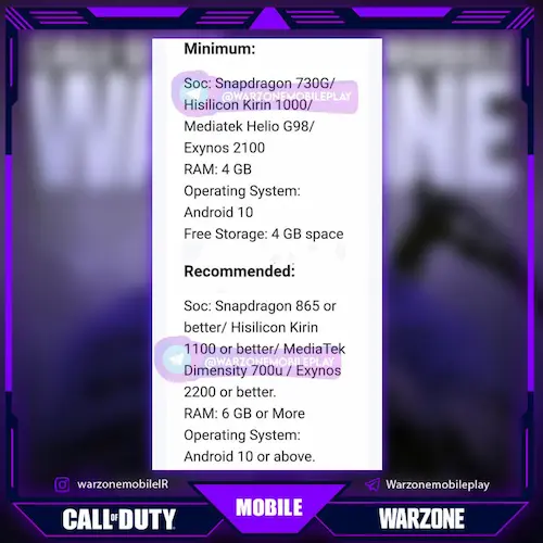 Captura de pantalla de los supuestos requisitos de Call of Duty Warzone Mobile.