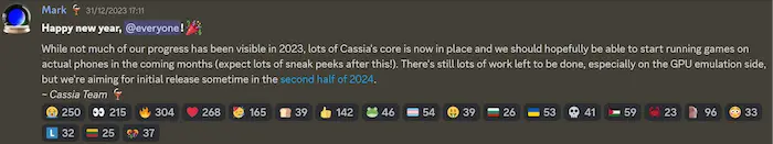 Mensaje sobre el lanzamiento de Cassia en el Discord del proyecto.
