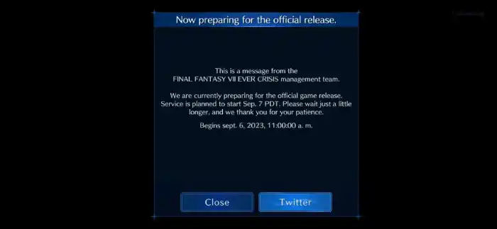 Captura del mensaje del equipo de Final Fantasy VII: Ever Crisis.
