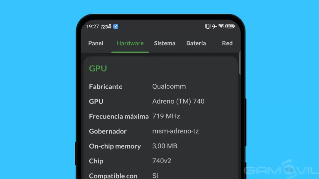 Captura de la app DevCheck Device con información sobre la GPU del dispositivo.