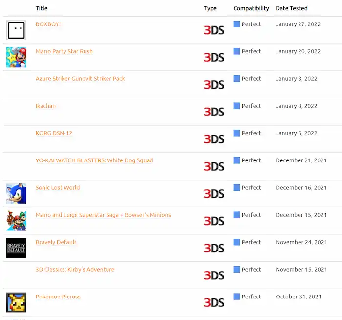 Captura de la lista oficial de juegos compatibles de Citra