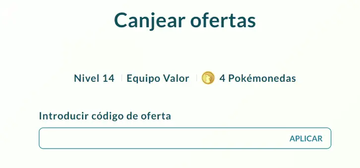 Sección para canjear código de oferta en la web de Pokémon GO.