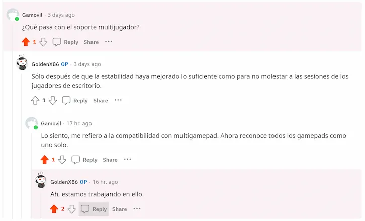 Captura de Reddit sobre el soporte para varios mandos en yuzu para Android.