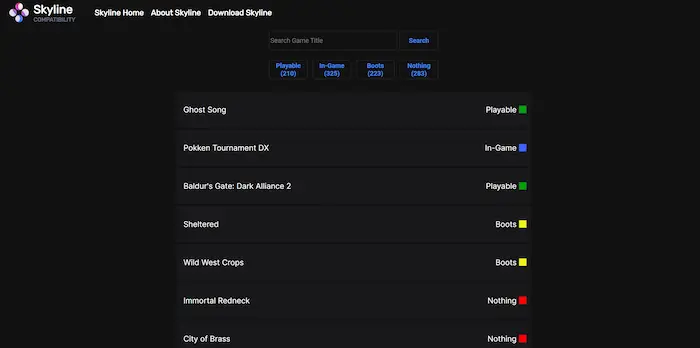 Captura de la lista de juegos compatibles de Skyline en Netlify