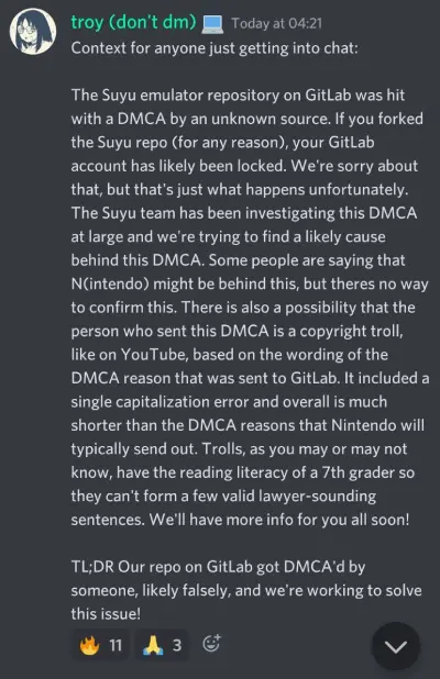 Mensaje sobre la reclamación DMCA en el Discord de Suyu