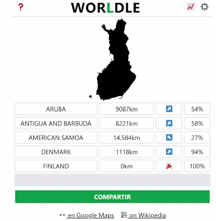 Captura de pantalla de Worldle, el Wordle de países